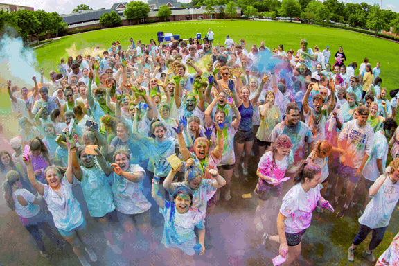 Gif of students at Grad Dash, the Klich Alumni House lit with Edison Bulbs, and a DJ turntable