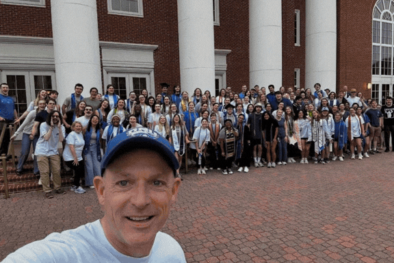 Gif of President Kelly Wednesday Walk selfie, people at a reception in the Klich Alumni House, and student raising a glass at The Three Oaks, the President's residence