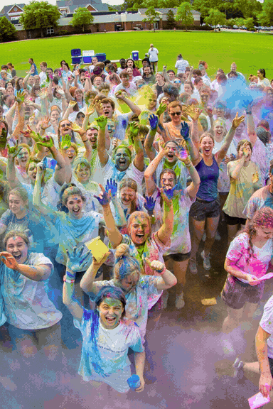 Gif of students at Grad Dash, the Klich Alumni House lit with Edison Bulbs, and a DJ turntable