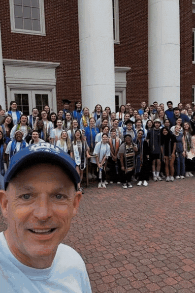 Gif of President Kelly Wednesday Walk selfie, people at a reception in the Klich Alumni House, and student raising a glass at Three Oaks, the President's residence